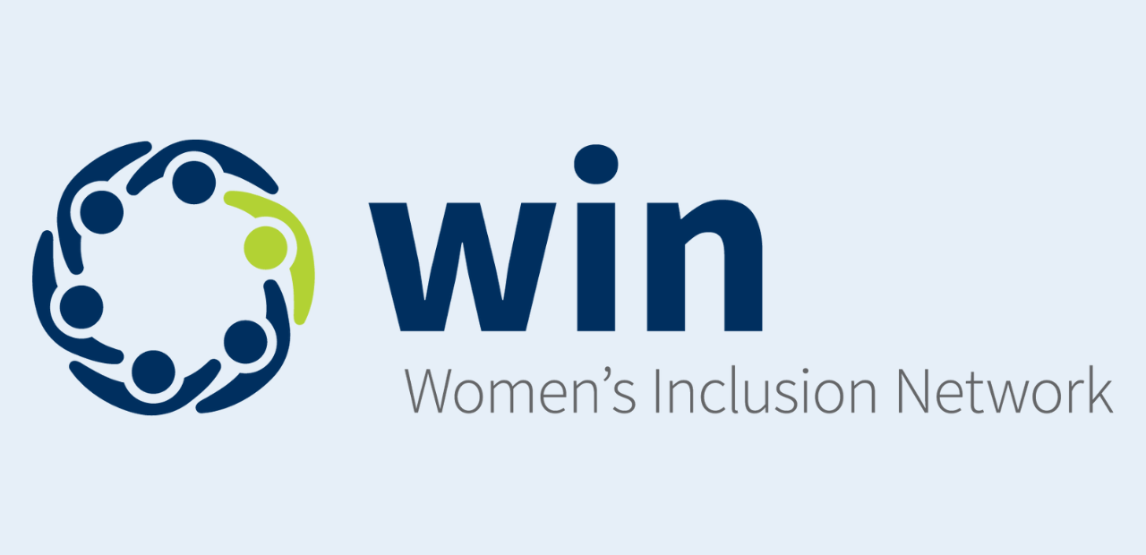 Navy logo of WIN Inclusion Network on light blue background